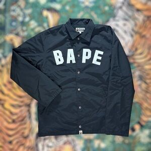 BAPE A Bathing Ape Coaches Jacket Lined Windbreaker Snap Button Black Medium